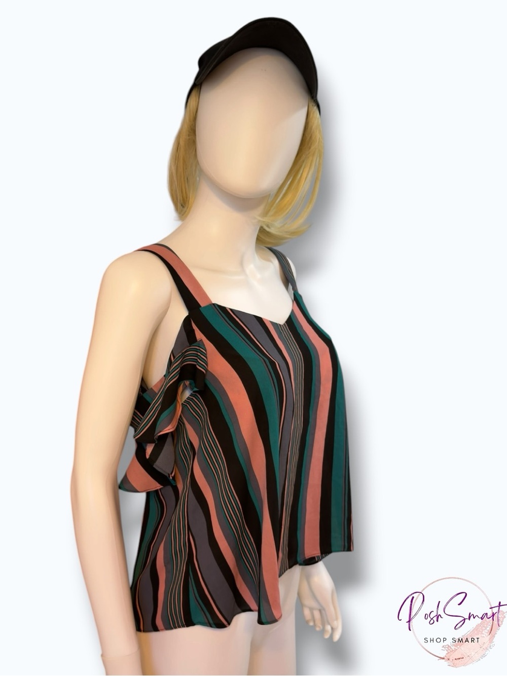 Timing Multicolor Stripe Ruffle One Shoulder Cami Top Teal Pink Black | Size M